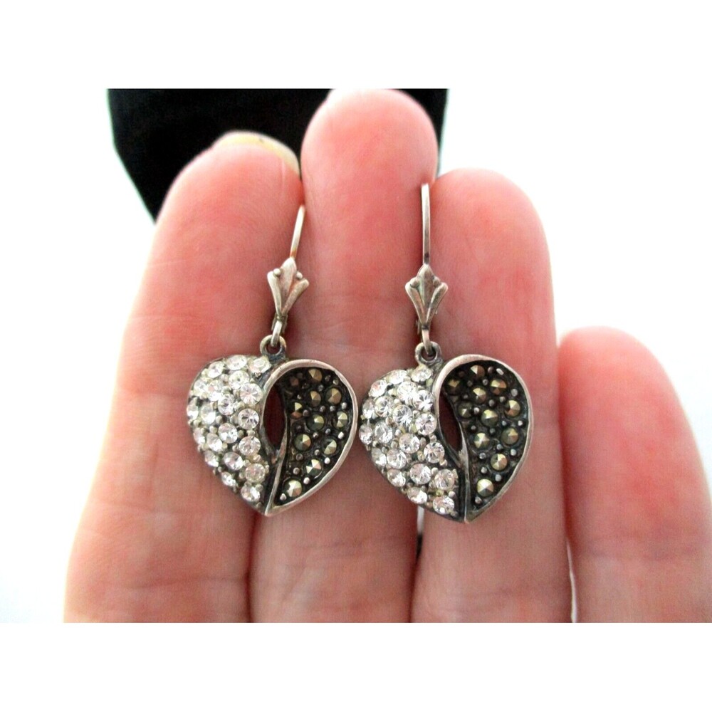 Sterling Silver Vintage QVC Suspicion Marcasite Heart  Dangle Drop Earrings